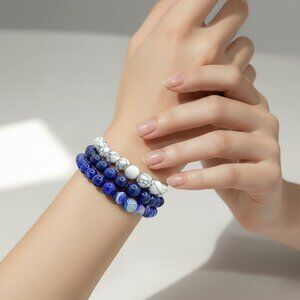 NWT Beaded Stretch Bracelets Set 3 PCs Lapis Lazuli White Turquoise Agate Boho